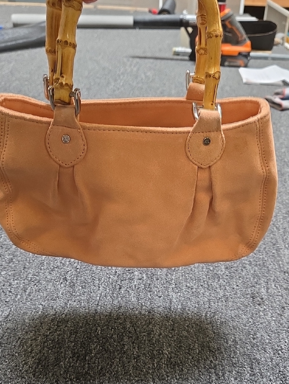 Bamboo-Handle Suede Shoulder Bag in Tan